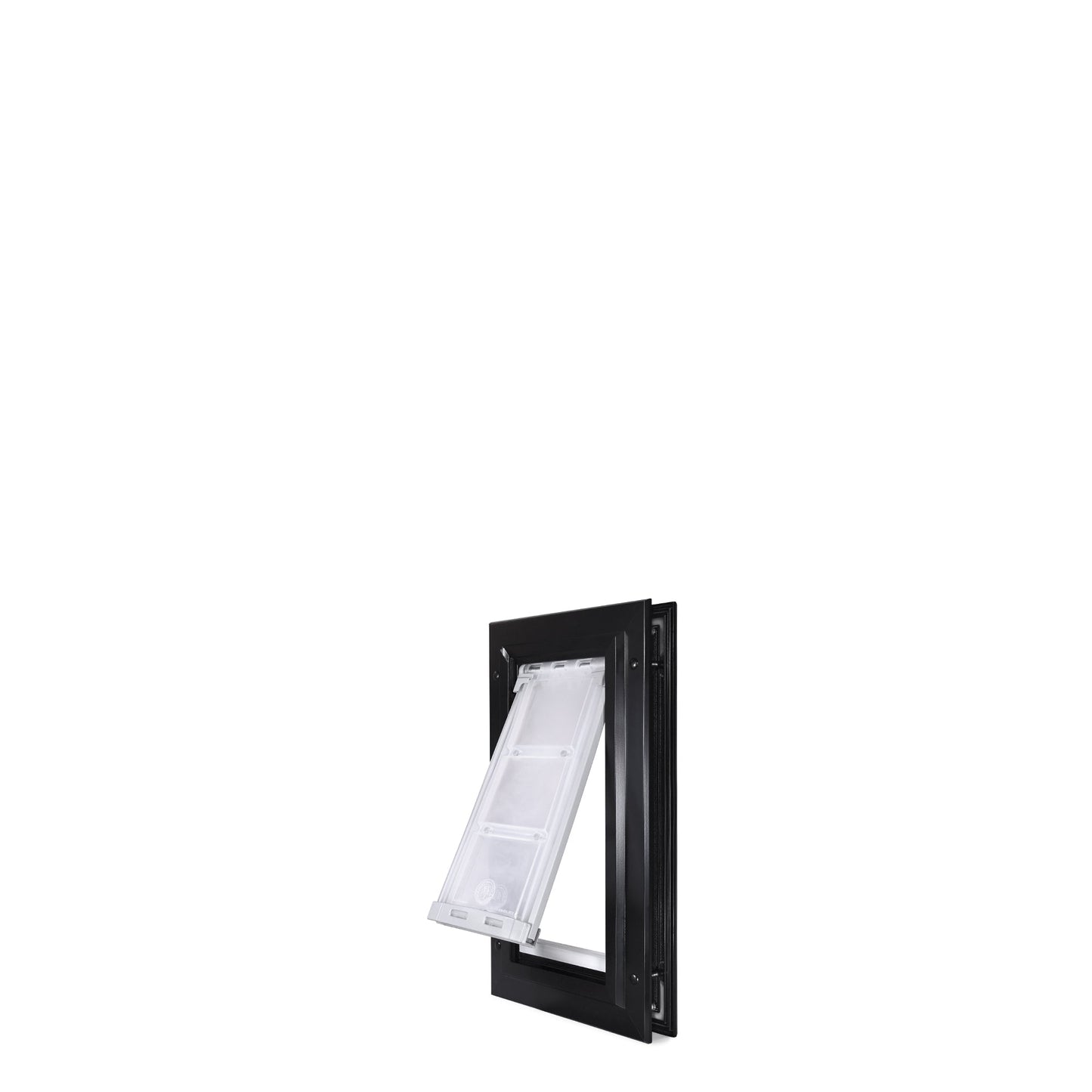 Black-framed pet door with clear flap ajar.