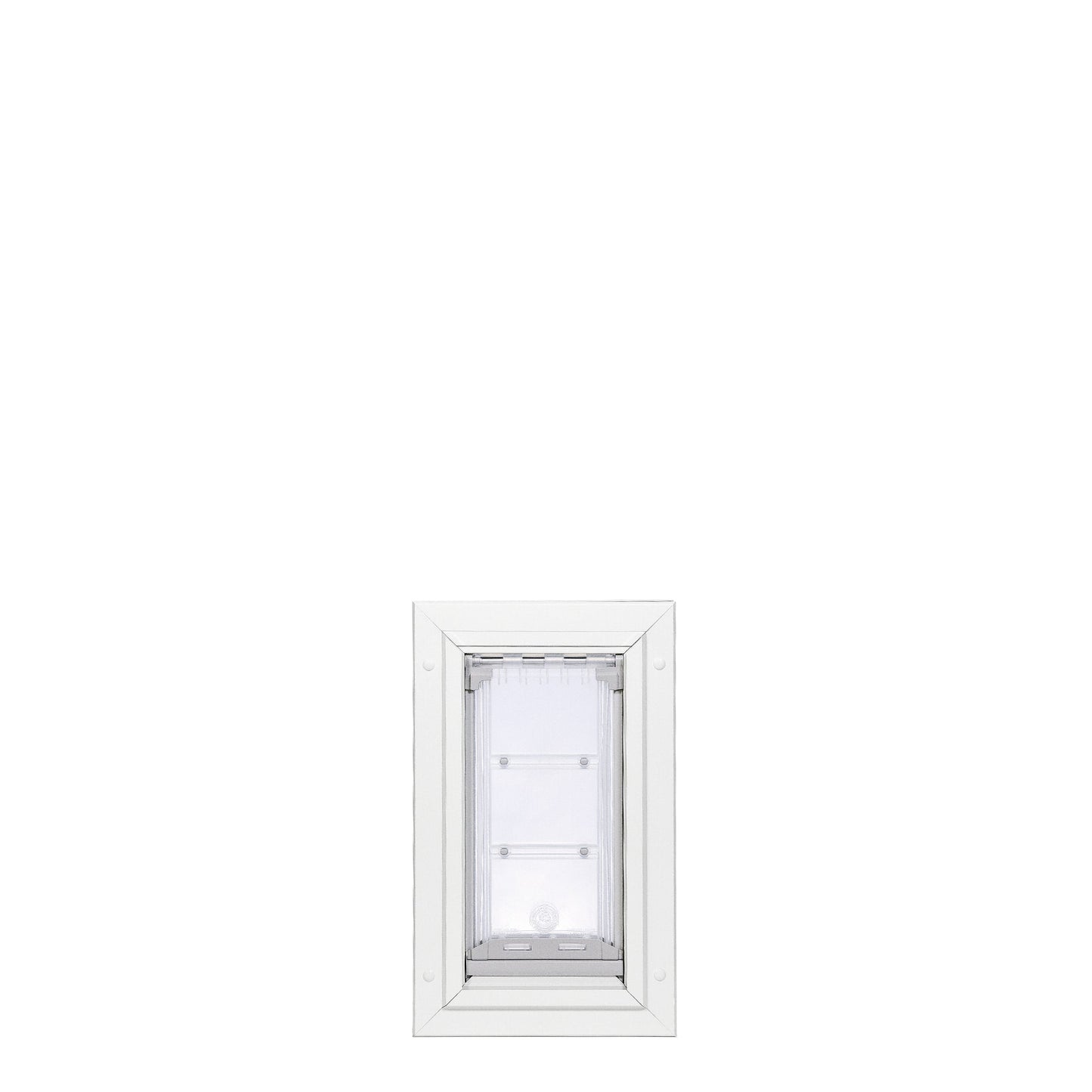 White pet door flap with white frame.
