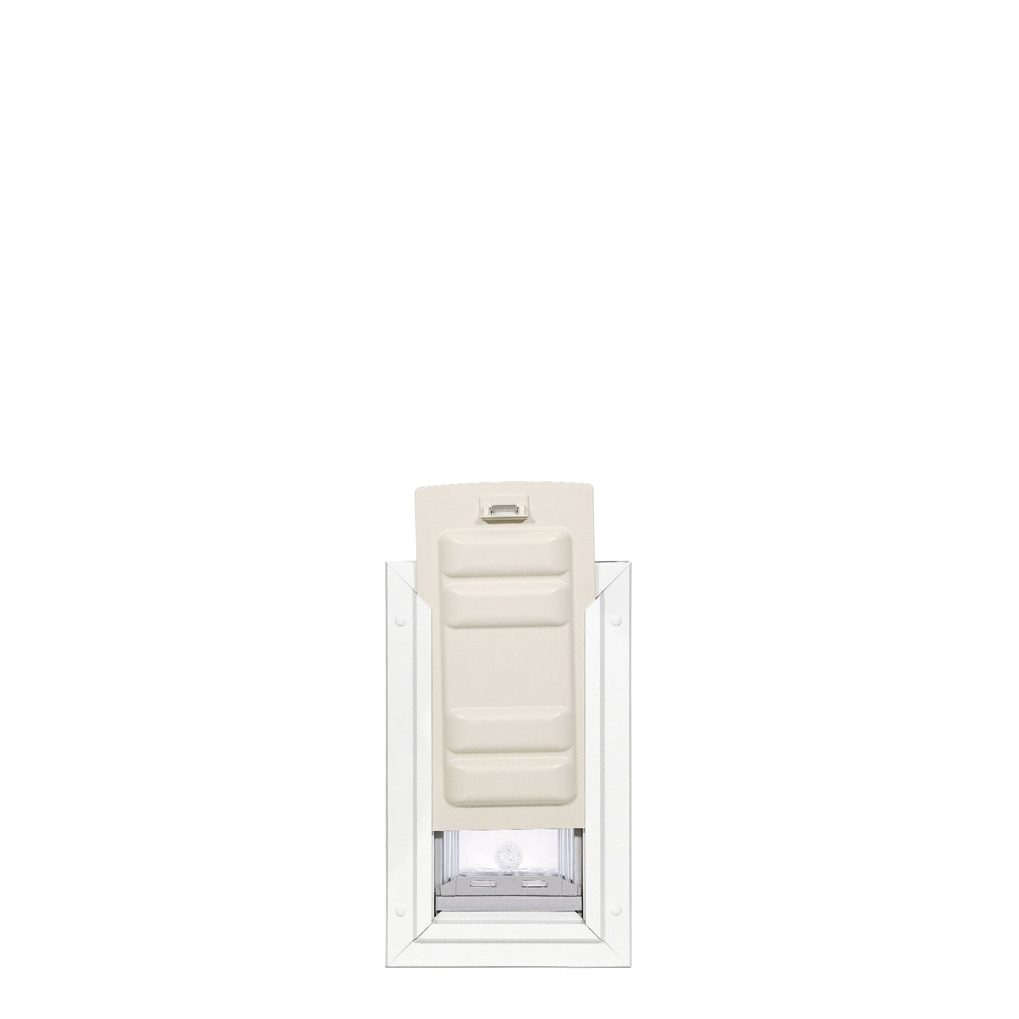 White pet door with a cream-colored cover.