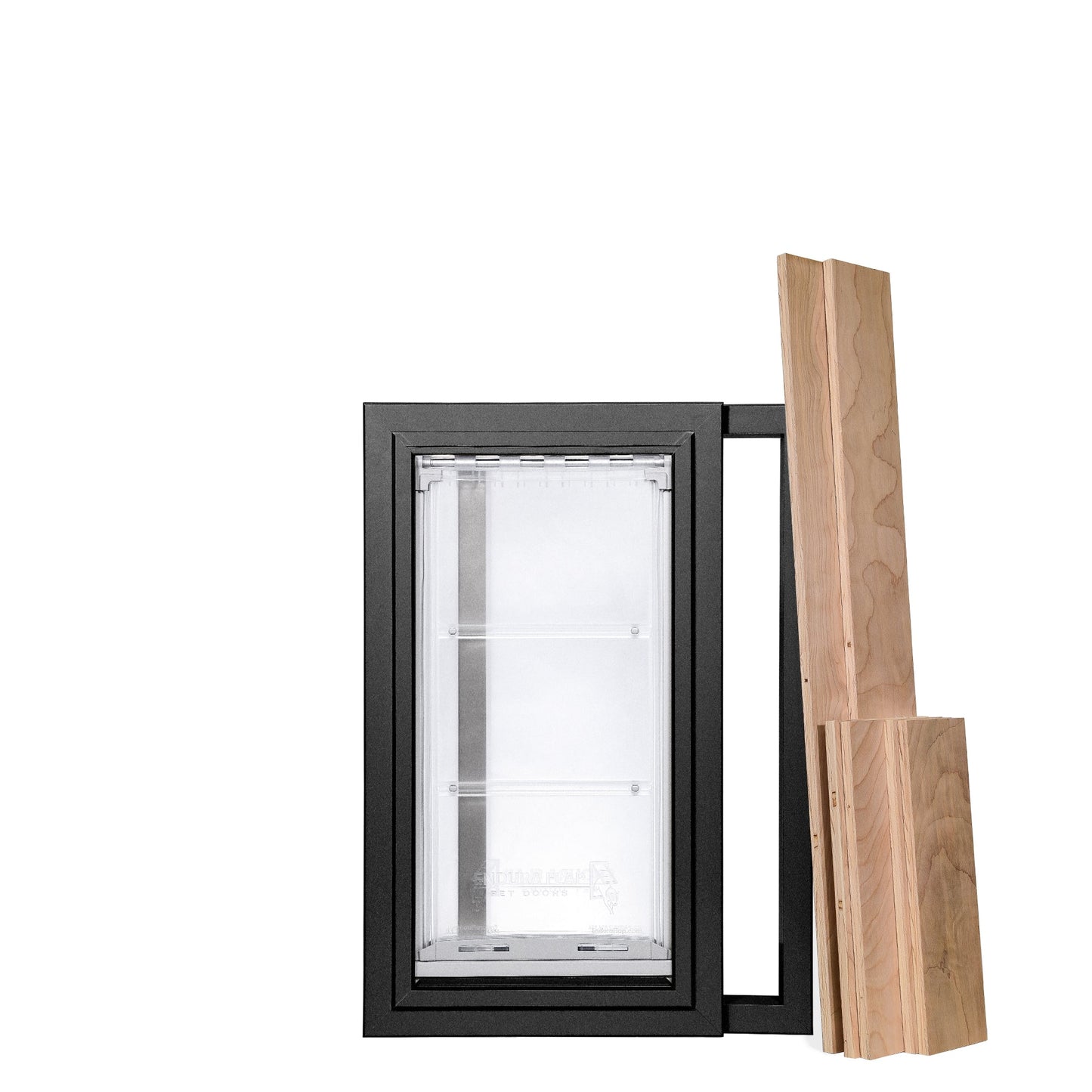 A pet door with a black frame and wooden planks on a white background.