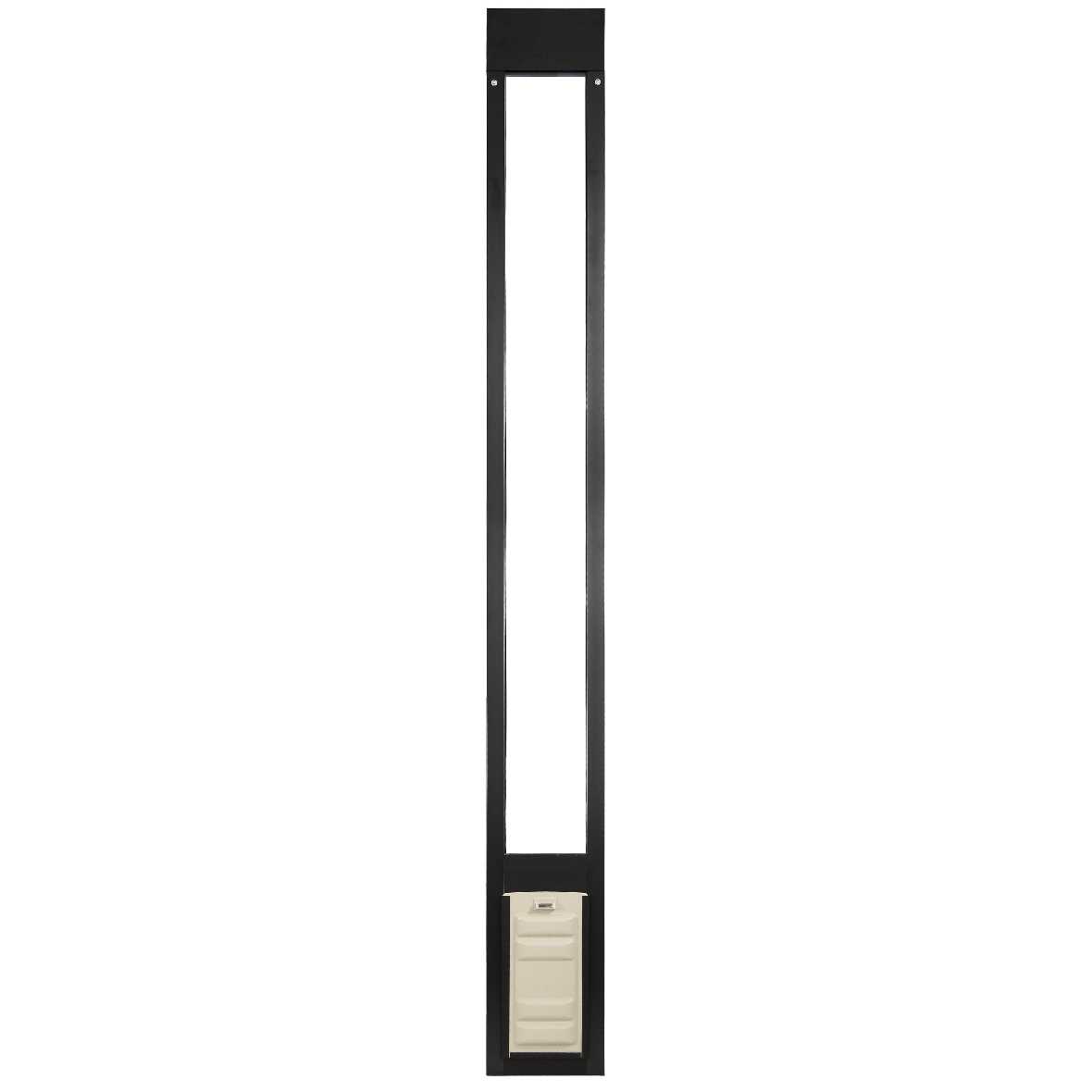 A long, black-framed pet door with a white panel at the bottom.