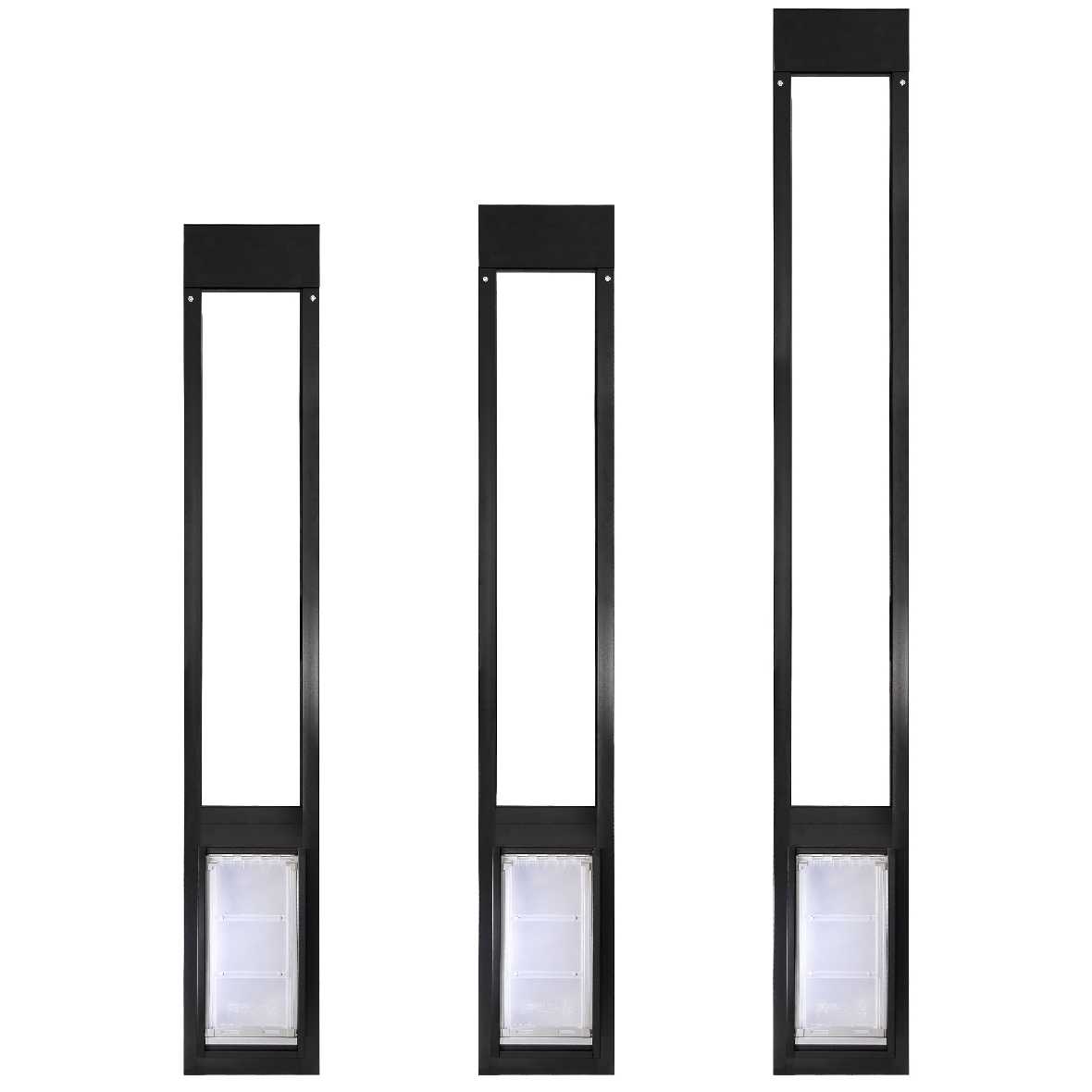 Three different sized black-framed pet doors are displayed.