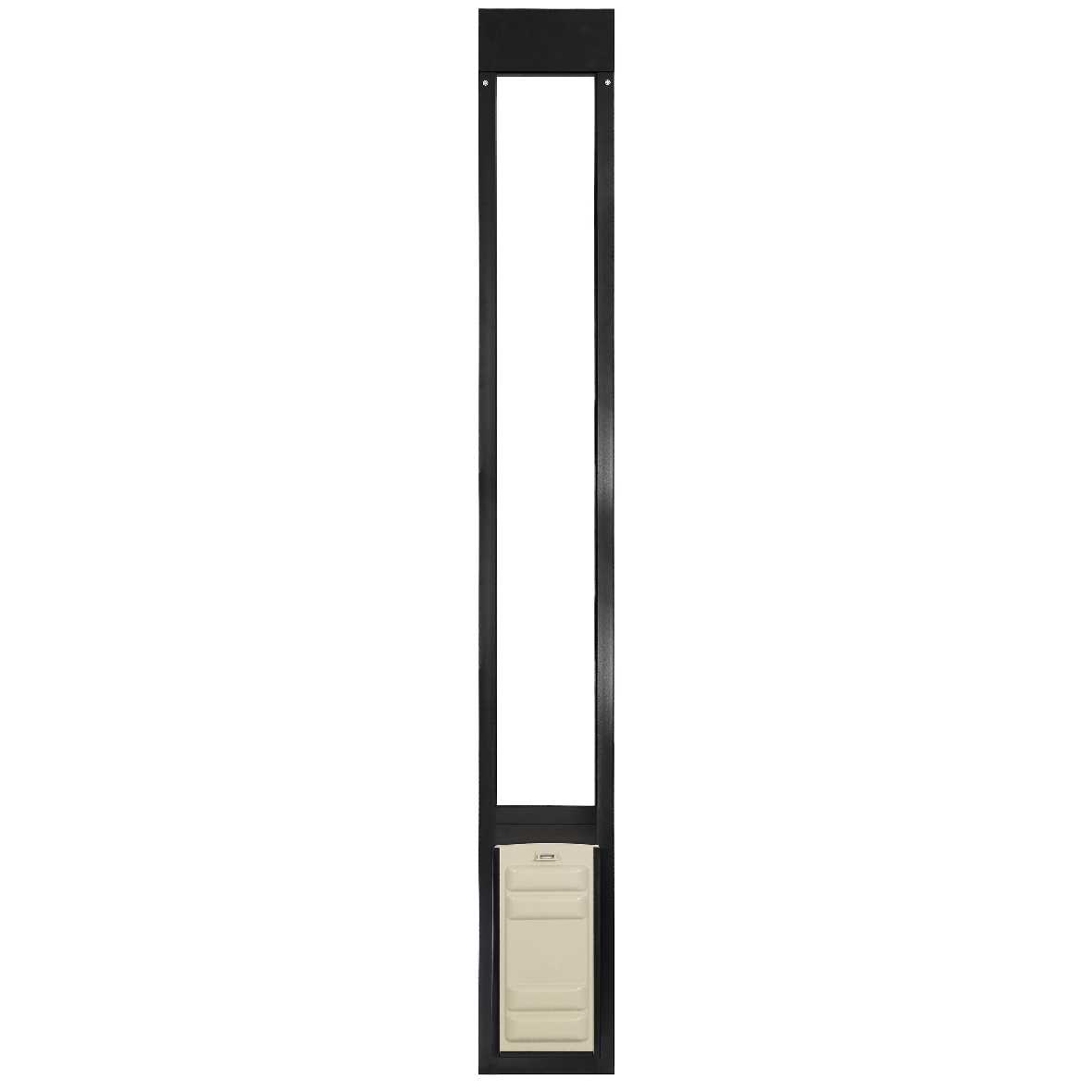 A pet door for sliding glass doors, with a black frame and a beige door flap.