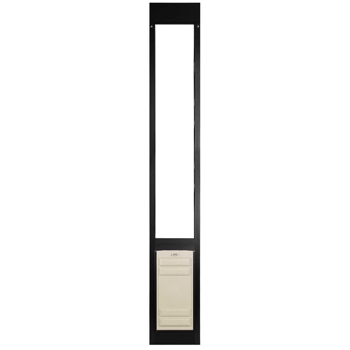 A black-framed dog door insert for a sliding glass door.