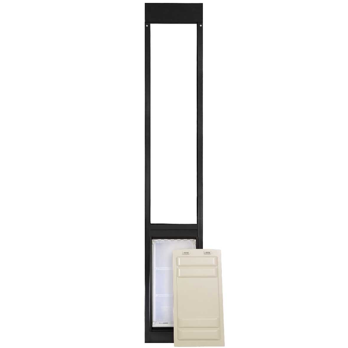 A dog door panel with a black frame and a removable beige cover.