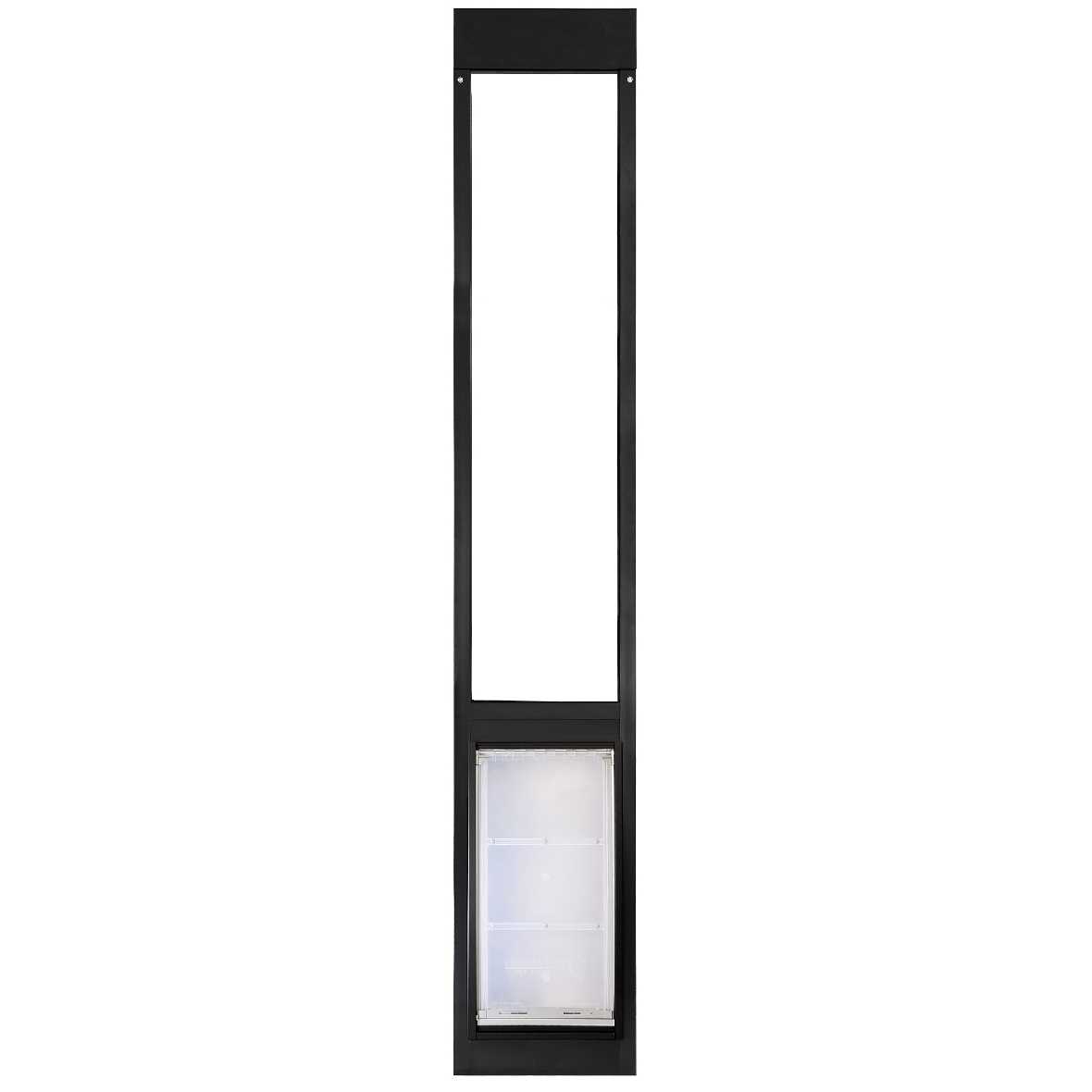 Black patio pet door insert with a transparent, hinged flap.