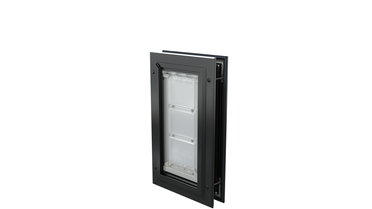 Closed, black Endura Flap single flap dog door, angled.