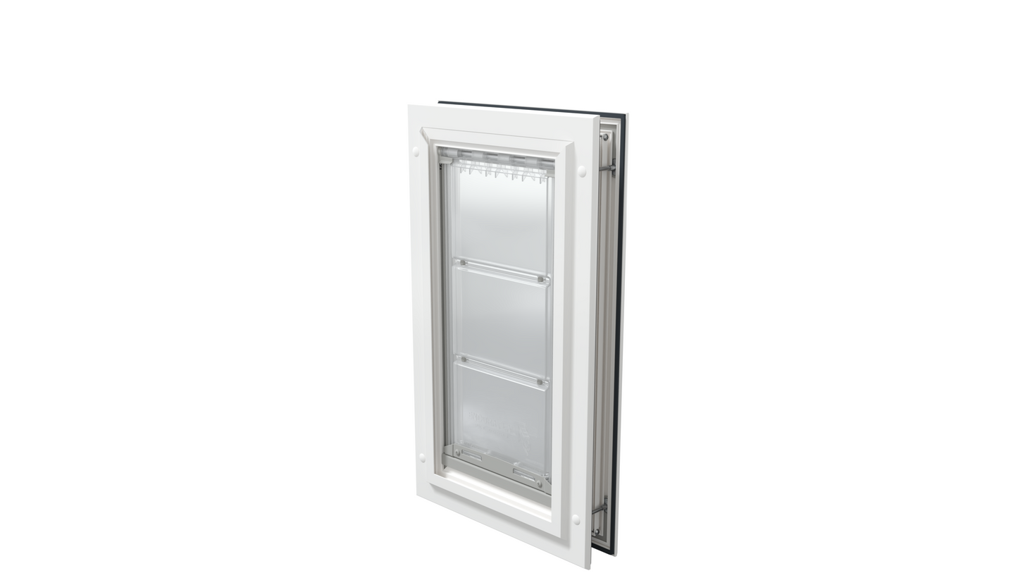 Closed white Endura Flap medium single flap, angled.