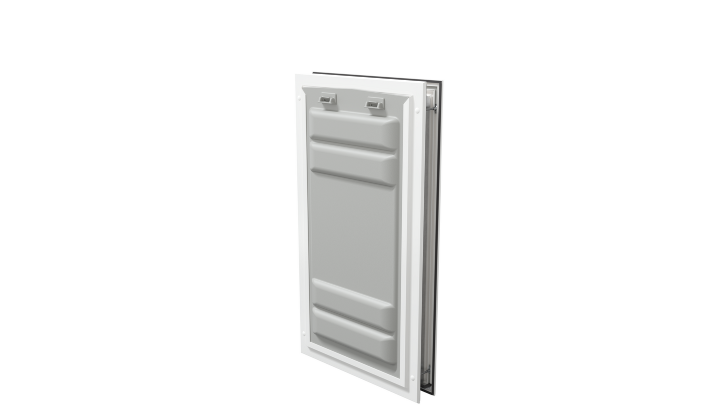 Locked white Endura Flap XL pet door, angled secure view.