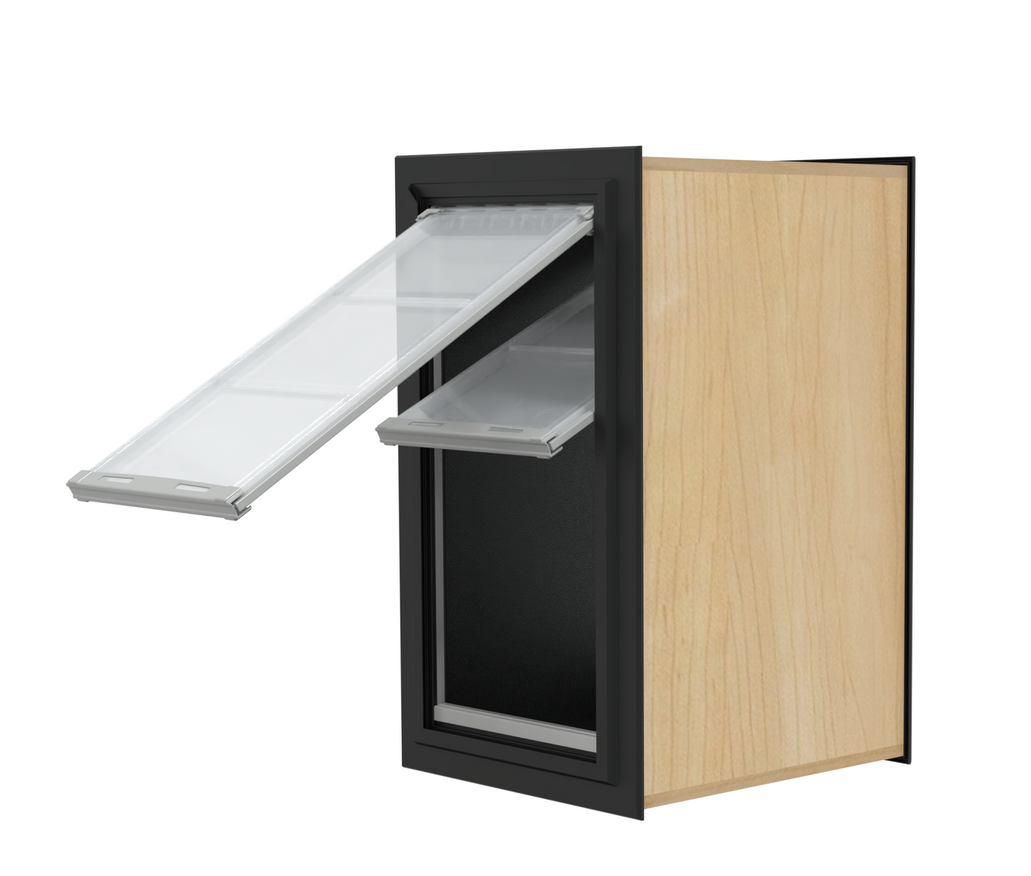 A cabinet with a framed opening and two clear, horizontal shelves partially pulled out._Color_Black