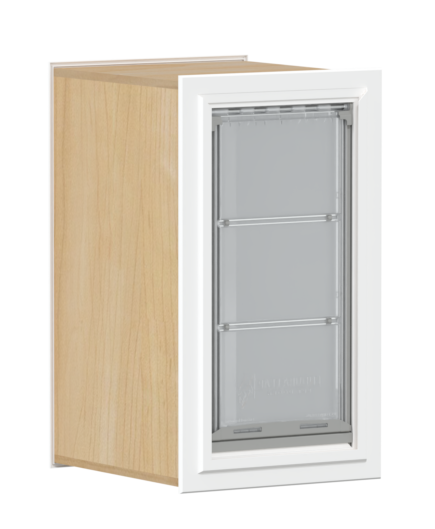 A pet door is shown attached to a wood-grain cabinet.
