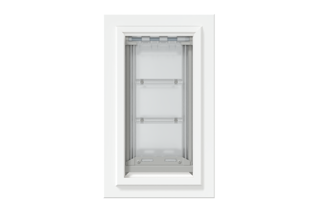 Front view of a white, double flap Endura Flap dog door for wall. Consider this endura flap double flap wall mount pet door for energy efficiency.