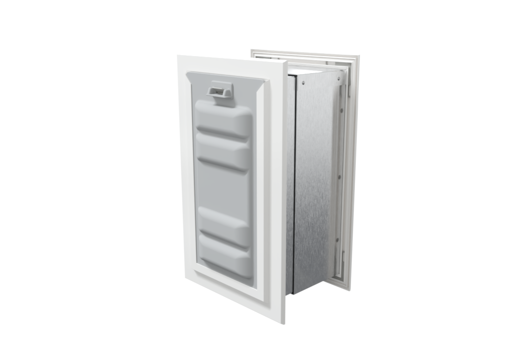 Angled view of a white endura flap pet door for wall with a locking cover. This double flap dog door offers enhanced security.