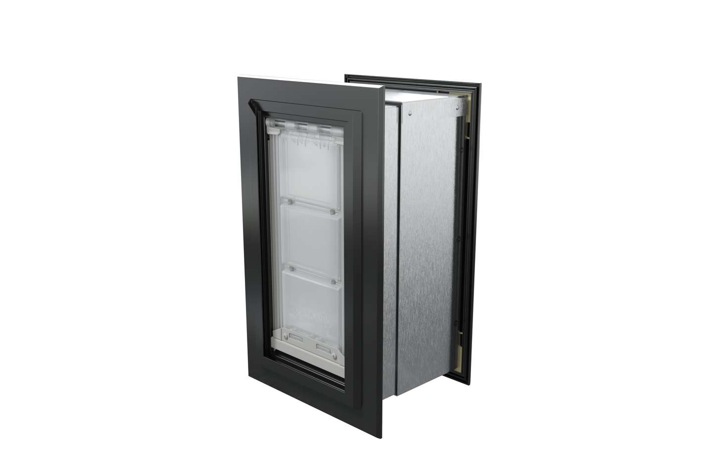 Angled view of a closed, black Endura Flap single flap wall mount pet door. Looking for insulated dog doors for walls? Consider this endura flap dog door.