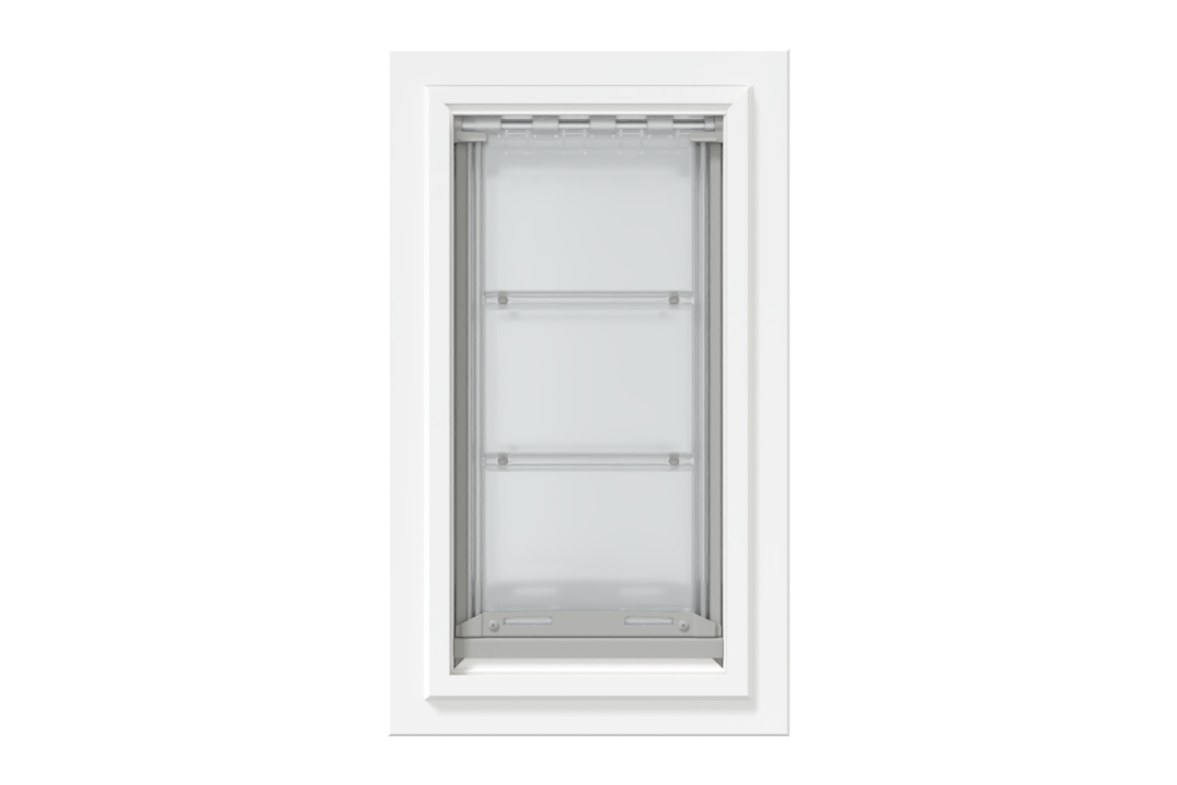 Front view of a white, double flap Endura Flap dog door for wall. Consider this endura flap double flap wall mount pet door for energy efficiency.