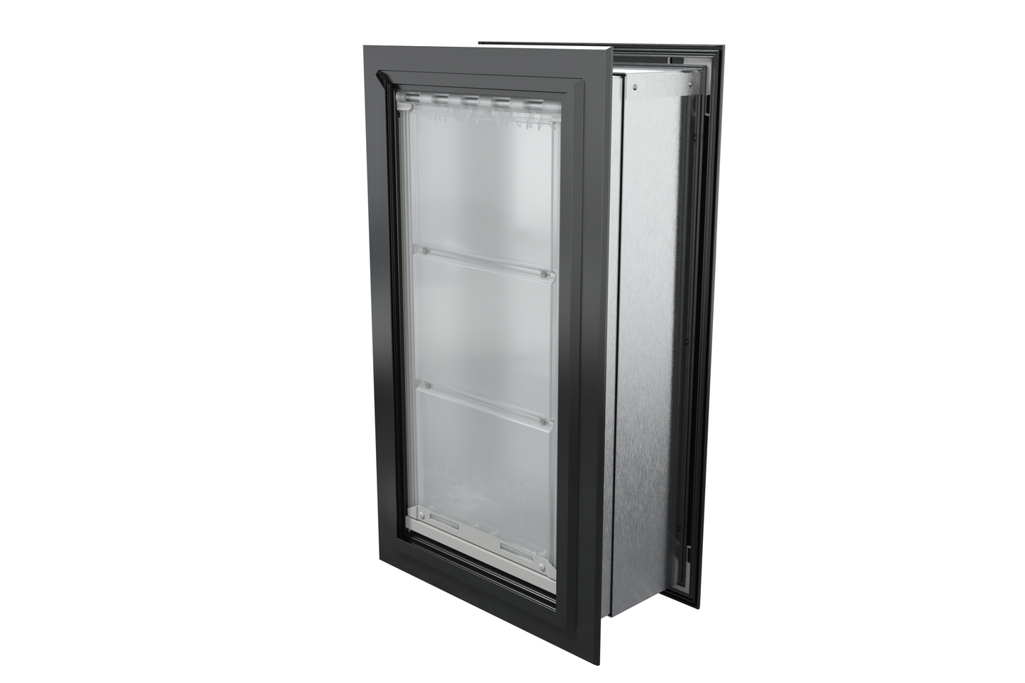 Angled view of a closed, black Endura Flap double flap wall mount pet door. Consider this through wall pet door for superior insulation.