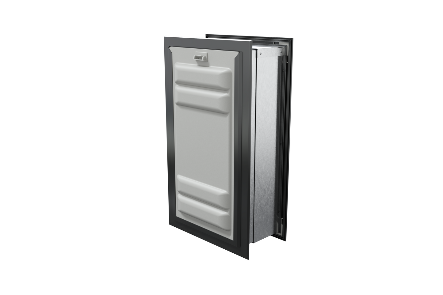 Angled view of a black endura flap dog door for wall with a locking cover. This double flap wall dog door provides excellent energy efficiency and security.