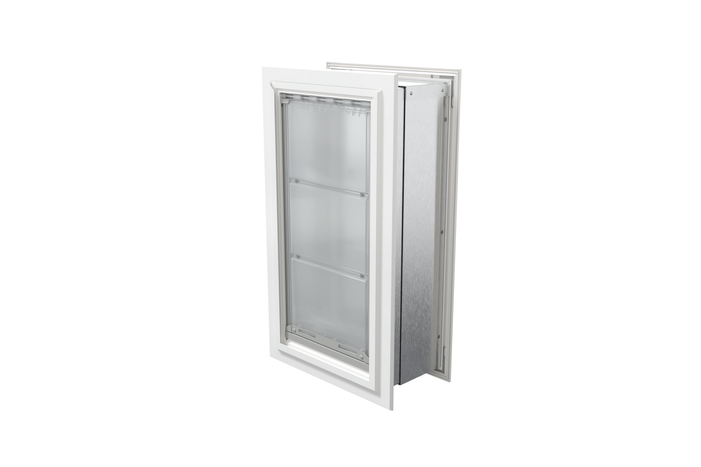 Angled view of a closed, white Endura Flap double flap wall mount pet door. This insulated dog door for wall is ideal for extreme weather.