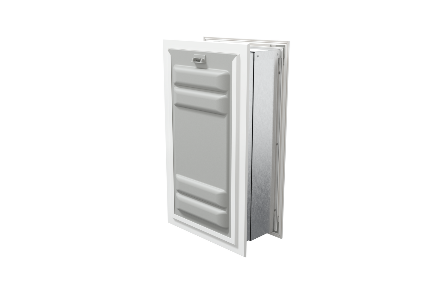 Angled view of a white endura flap pet door for wall with a locking cover. This double flap dog door offers enhanced insulation and security.