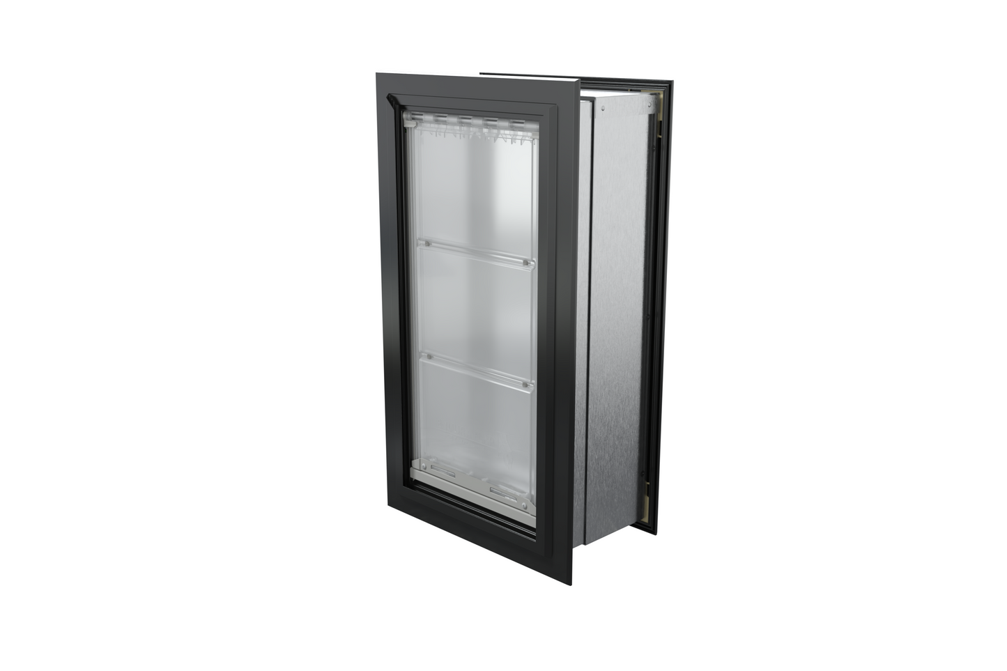 Angled view of a closed, black Endura Flap single flap wall mount pet door. Looking for insulated dog doors for walls? Consider this endura flap dog door.