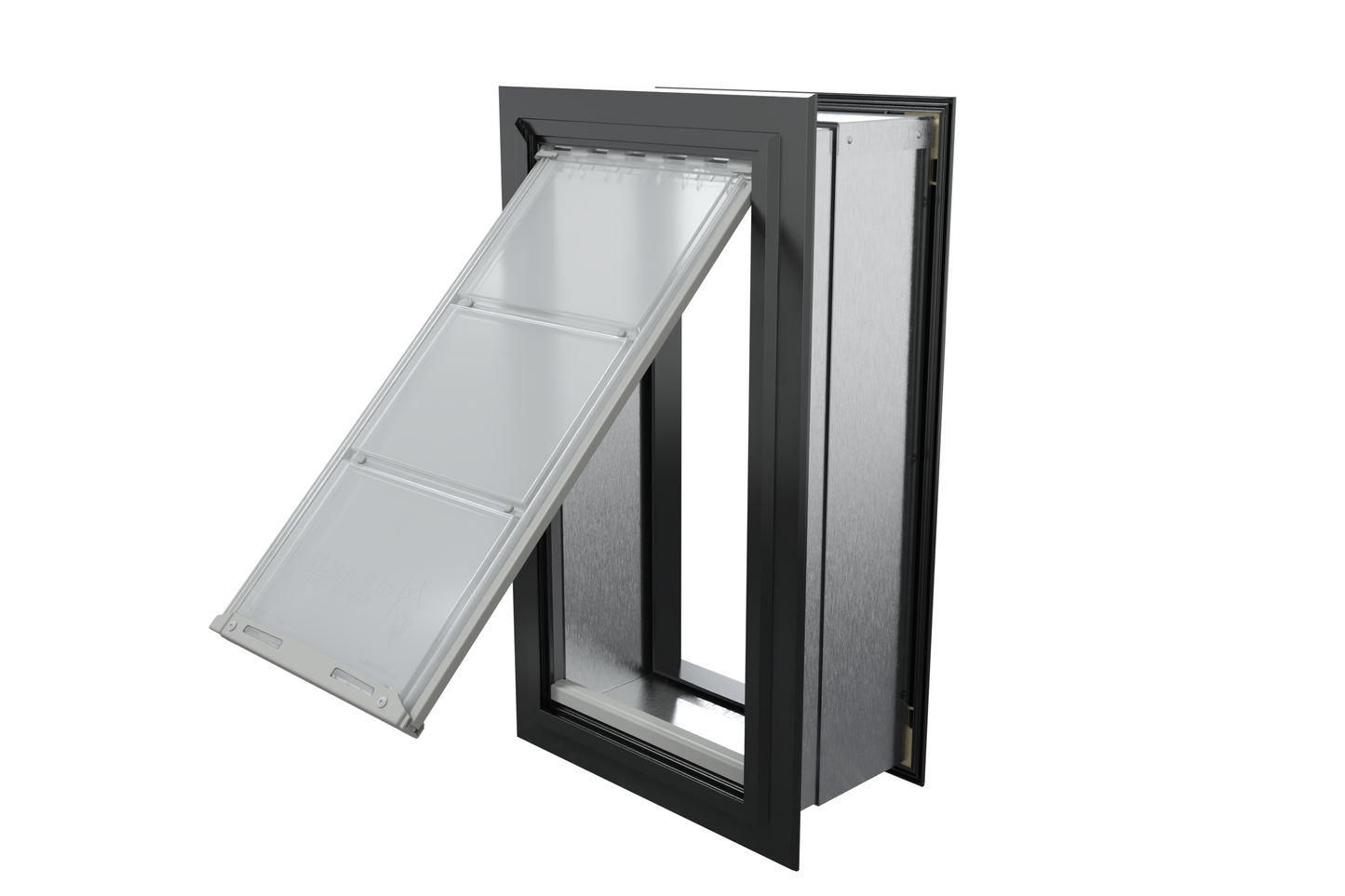 Angled view of an open, black Endura Flap single flap wall mount pet door. This in wall dog door offers a sleek look and easy pet access.