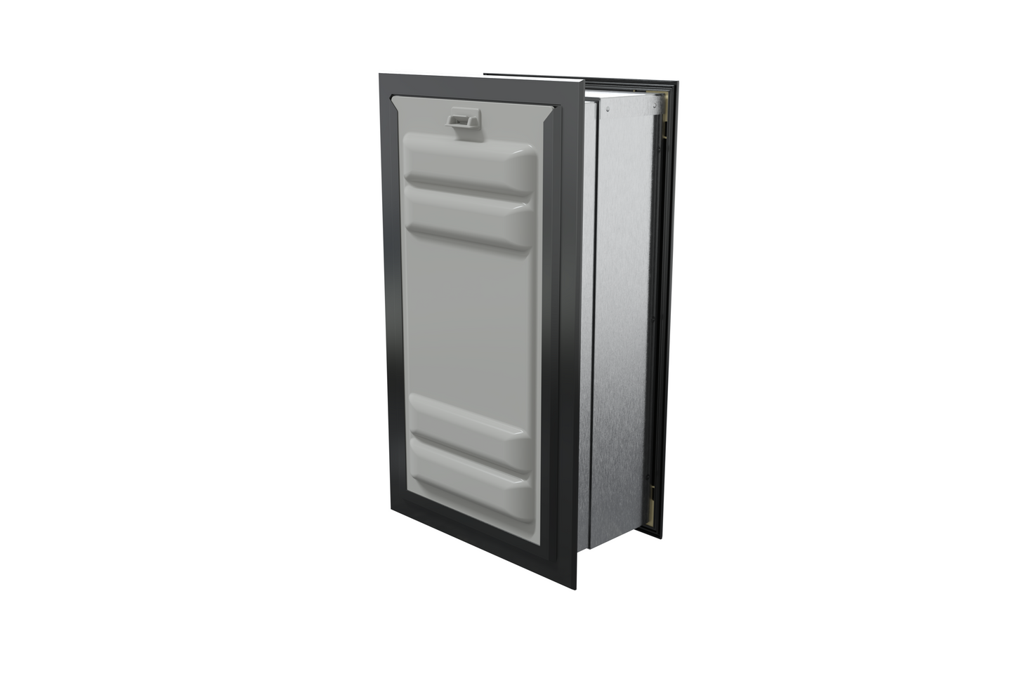 Angled view of a black endura flap pet door for wall with the locking cover. Secure your home with this wall mount dog door.