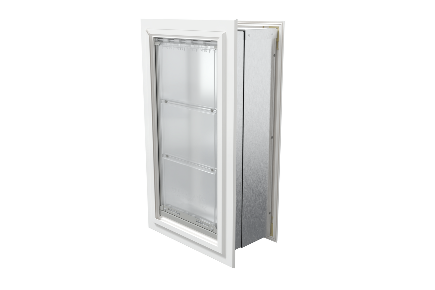 Angled view of a closed, white Endura Flap single flap wall mount pet door. This energy-efficient endura flap pet door is a great choice among dog doors for walls.