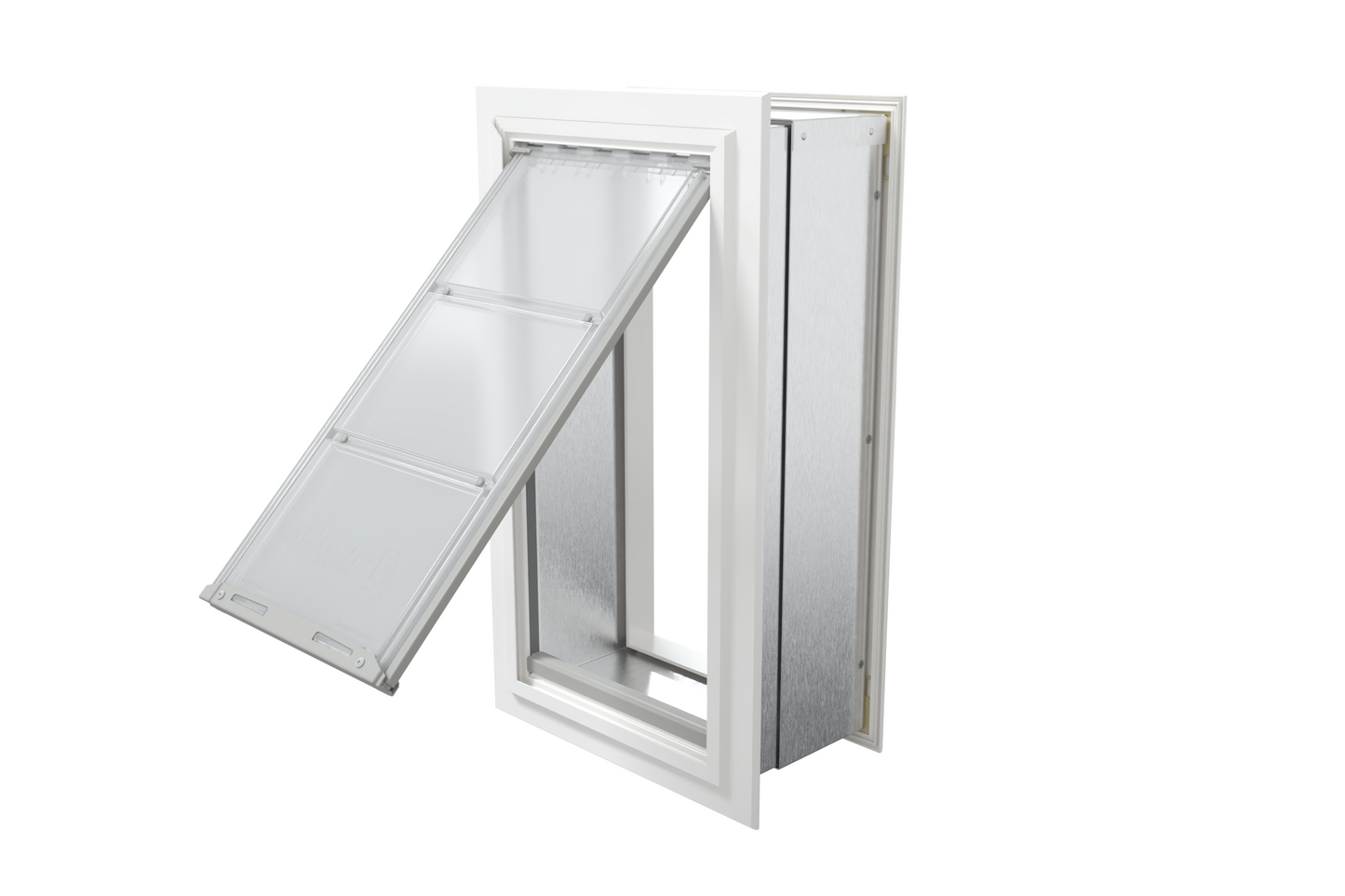 Angled view of an open, white Endura Flap single flap wall mount pet door. This durable dog door for wall allows easy access for your pet.