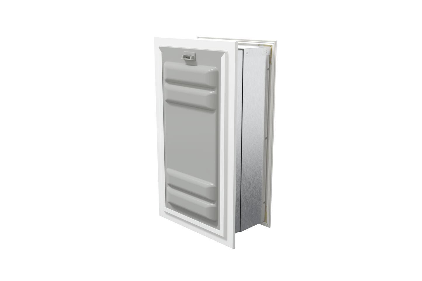 Angled view of a white endura flap pet door for wall with the locking cover. This secure wall dog door provides added safety.