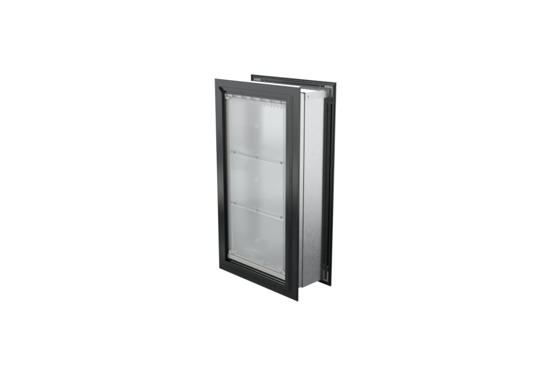 Angled view of a closed, black Endura Flap double flap wall mount pet door. This heavy duty dog door for wall provides excellent insulation.