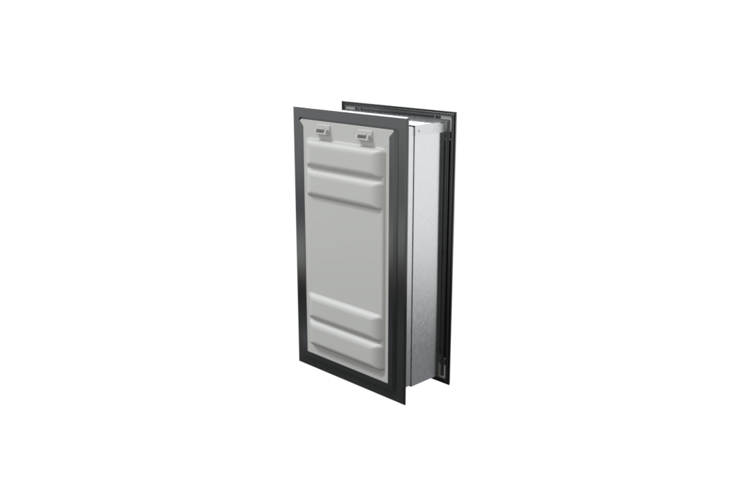 Angled view of a black endura flap pet door for wall with a locking cover. Secure your home and provide pet access with this wall entry pet door.