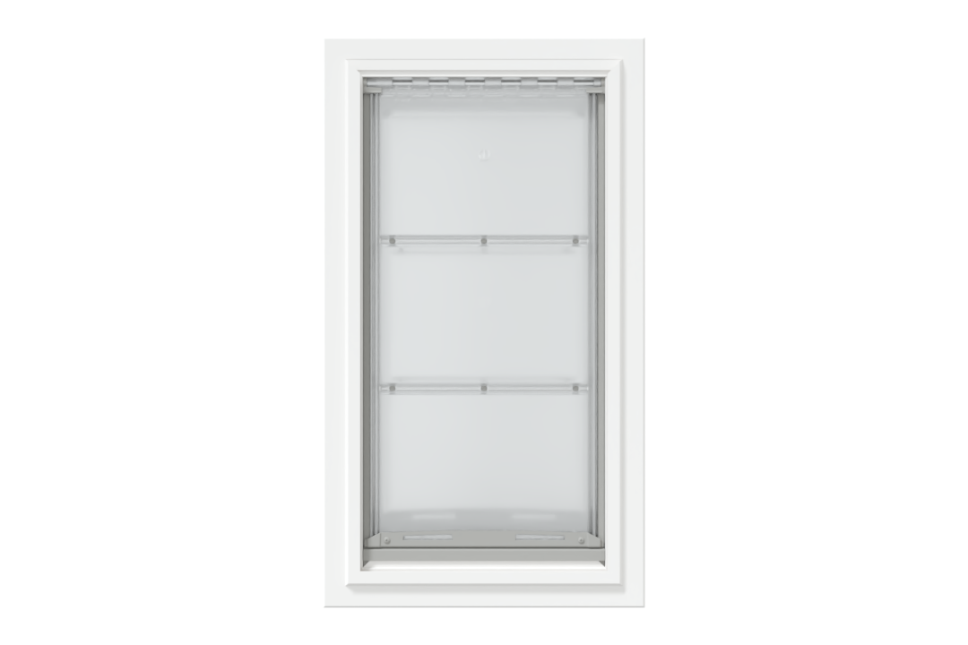 Front view of a white, double flap Endura Flap dog door for wall. Consider this large dog door for wall for energy efficiency.