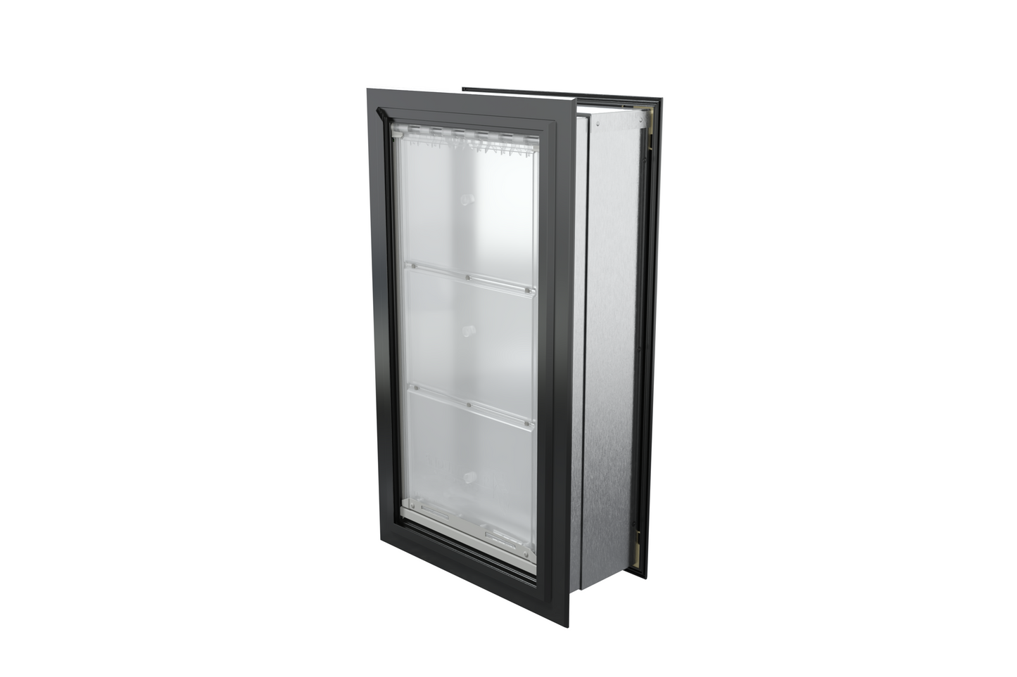 Angled view of a closed, black Endura Flap single flap wall mount pet door. Consider this energy-efficient endura flap dog door for your dog doors for walls needs.