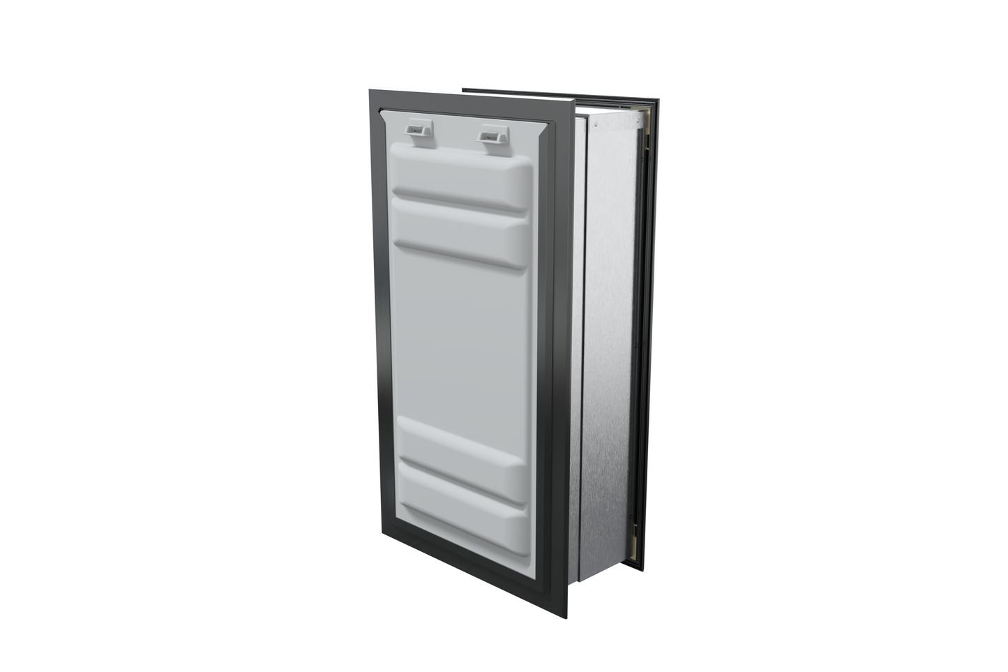 Angled view of a black endura flap pet door for wall with the locking cover. Secure your home with this wall mount dog door.