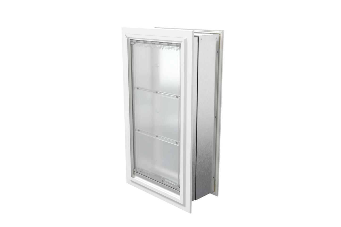 Angled view of a closed, white Endura Flap single flap wall mount pet door. Consider this high-quality endura flap pet door for your wall dog doors needs.