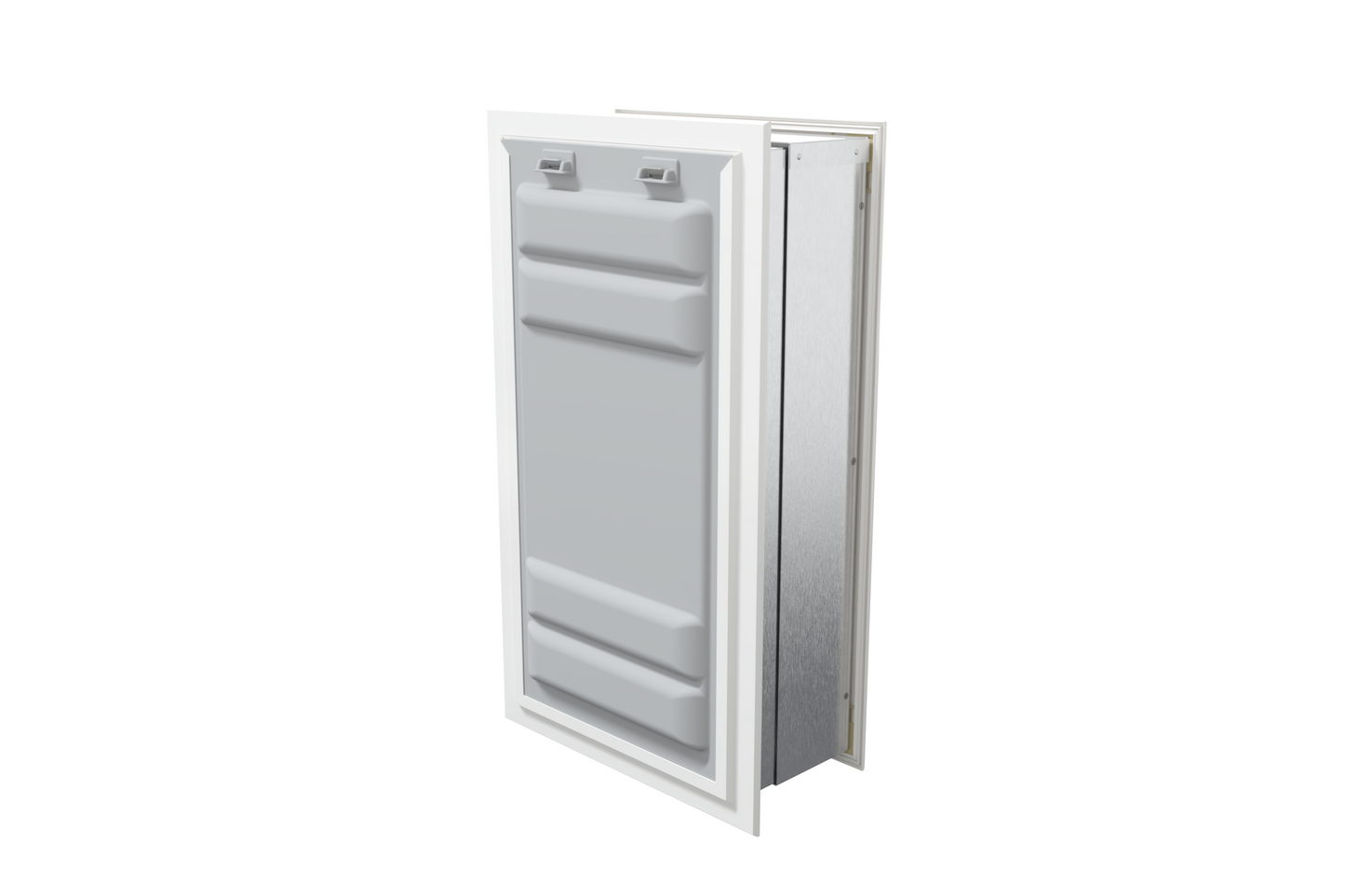 Angled view of a white endura flap pet door for wall with a locking cover. This single flap wall mount pet door offers both security and convenience.