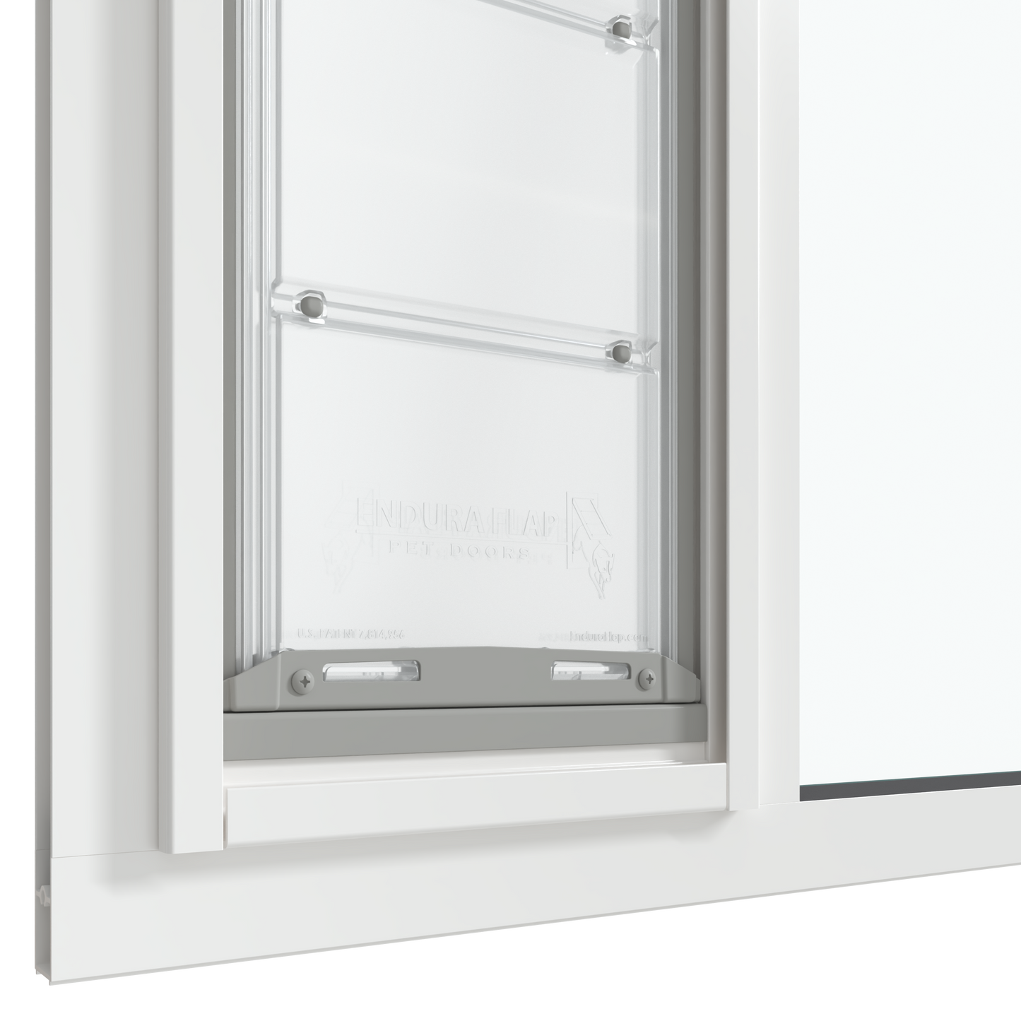 The bottom section of the white Thermo Sash 3e window sash cat door is shown closed within a sash window, highlighting the seal