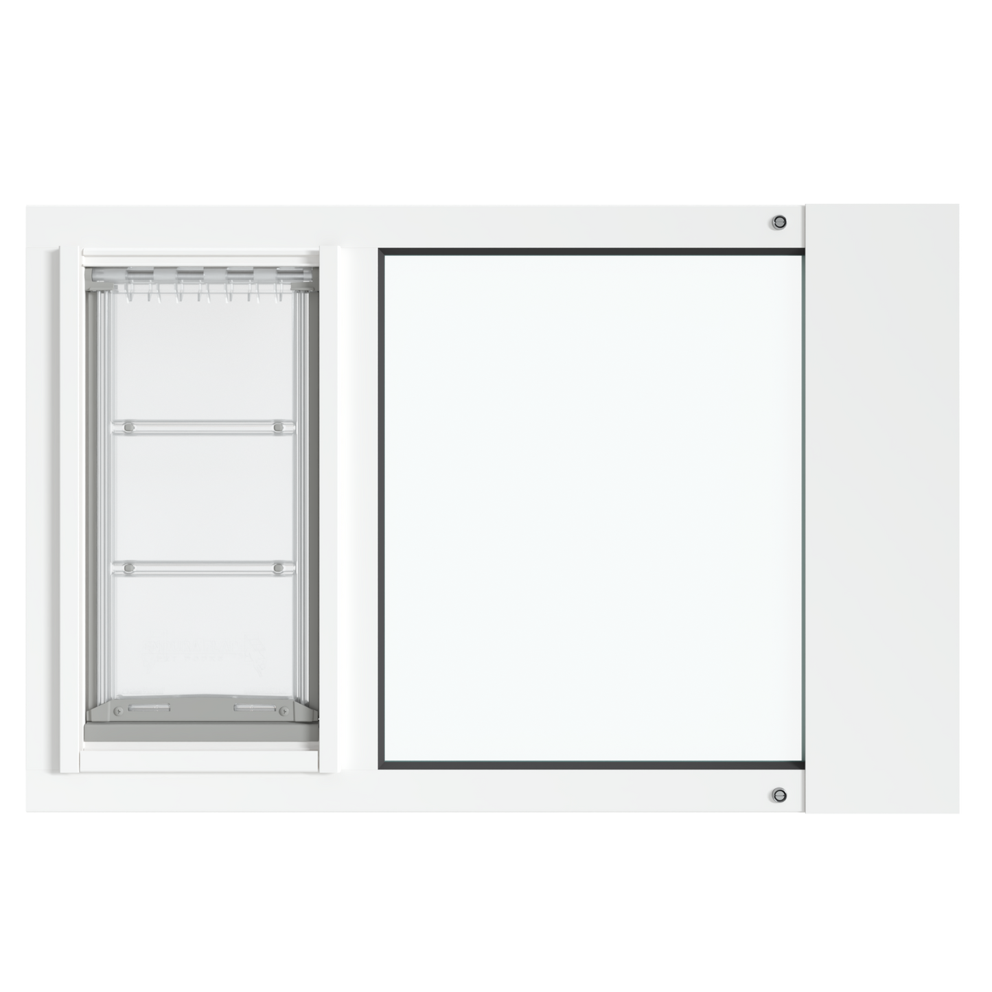 A frontal view of the white Thermo Sash 3e pet window solution for cats, ready for installation in a sash window. This is a convenient window pet door for cats.
