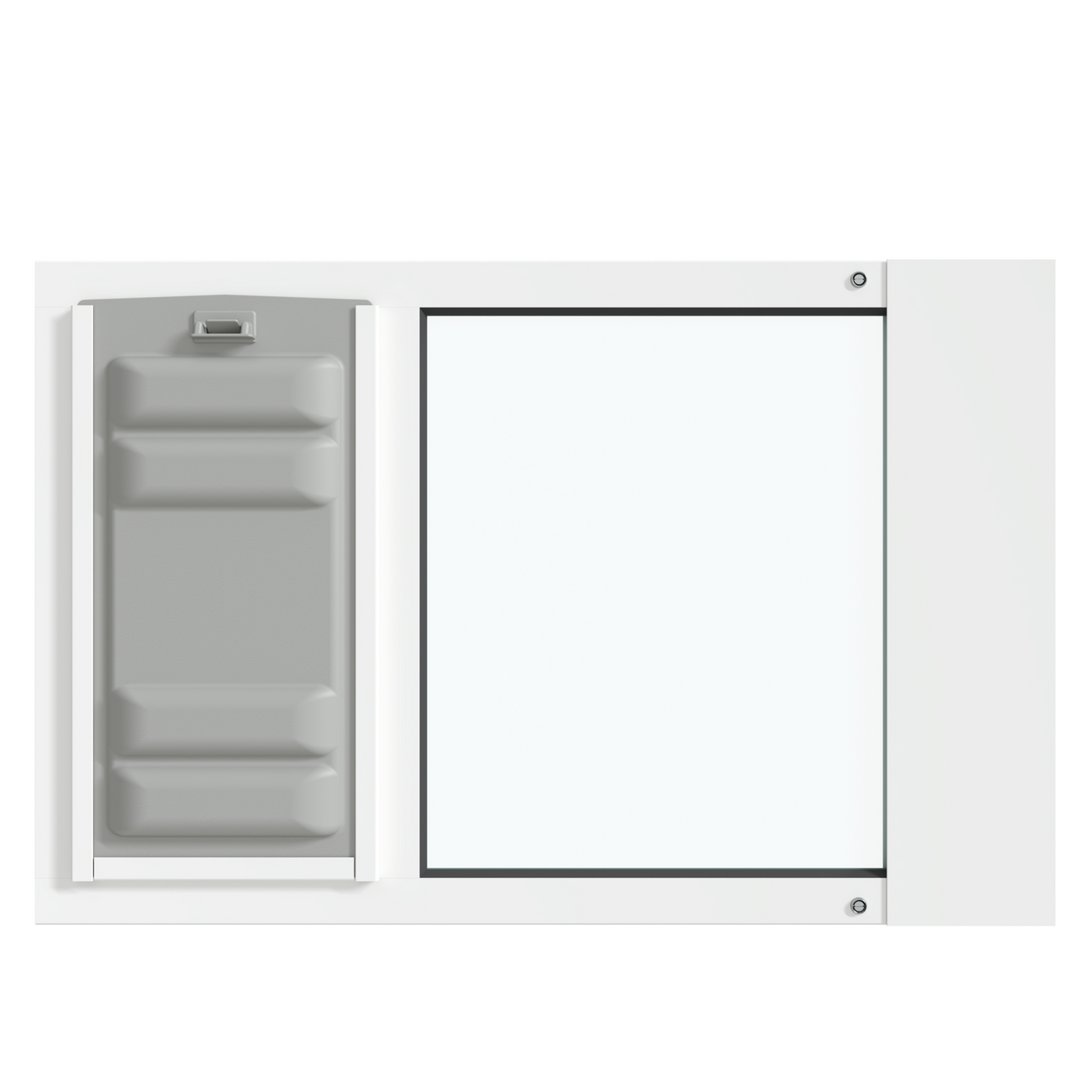 The white Thermo Sash 3e pet window door is shown from the front, featuring the Endura Flap pet door, designed to fit seamlessly into a sash window.