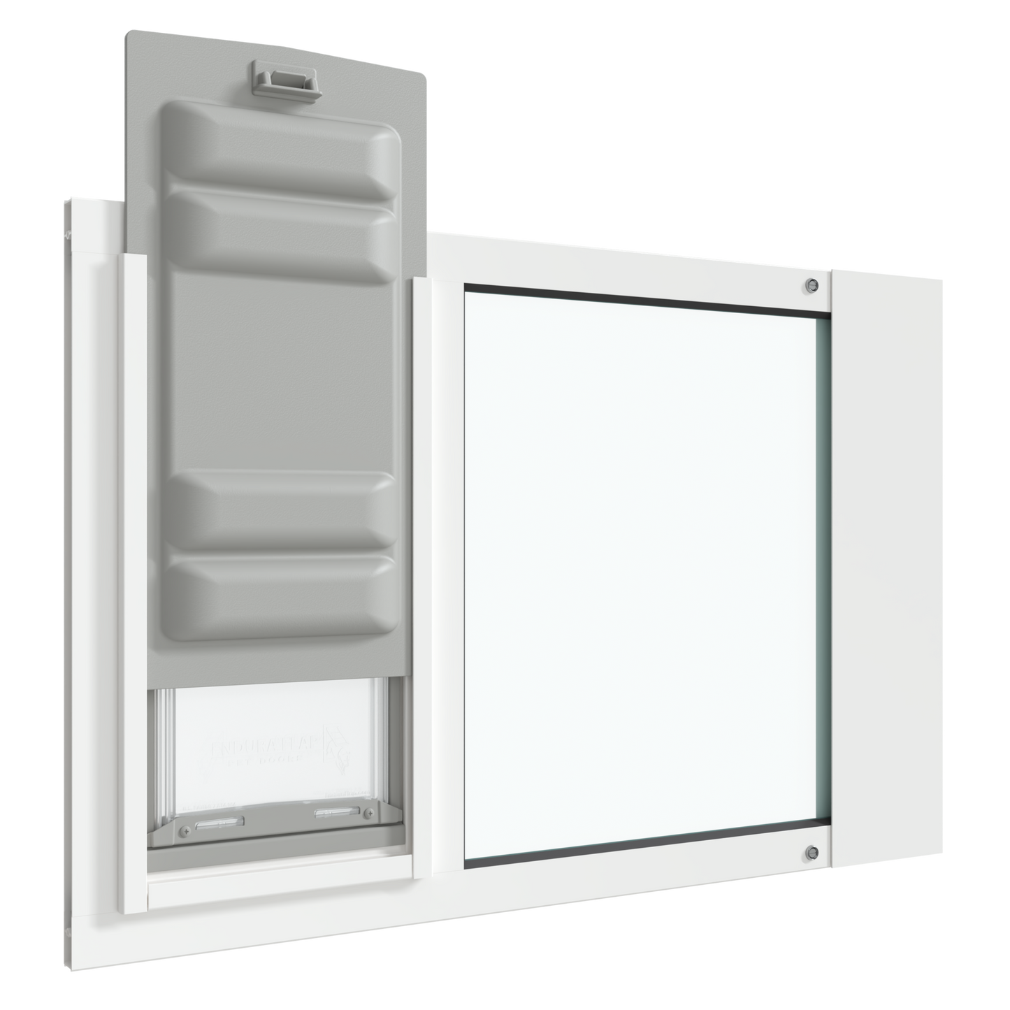 An angled view of the white Thermo Sash 3e sash window cat door with the Endura Flap slightly raised, illustrating its use as a cat door in window.