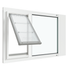A white Thermo Sash 3e window doggy door (primarily for cats) is shown open, installed in a sash window. This adjustable cat door for window provides easy access_Color_White