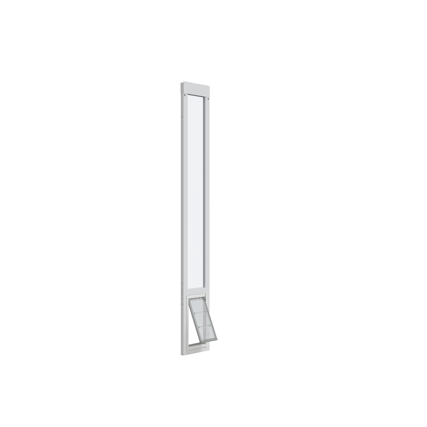 A white sliding door panel with a pet door.