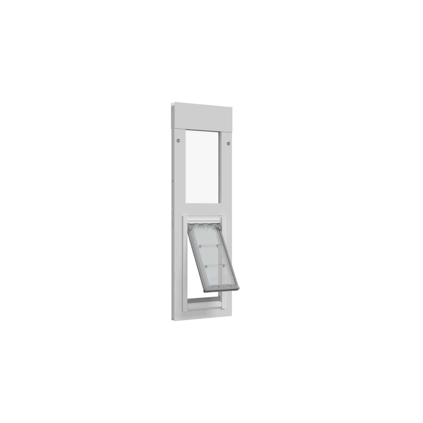 White pet door with open flap.
