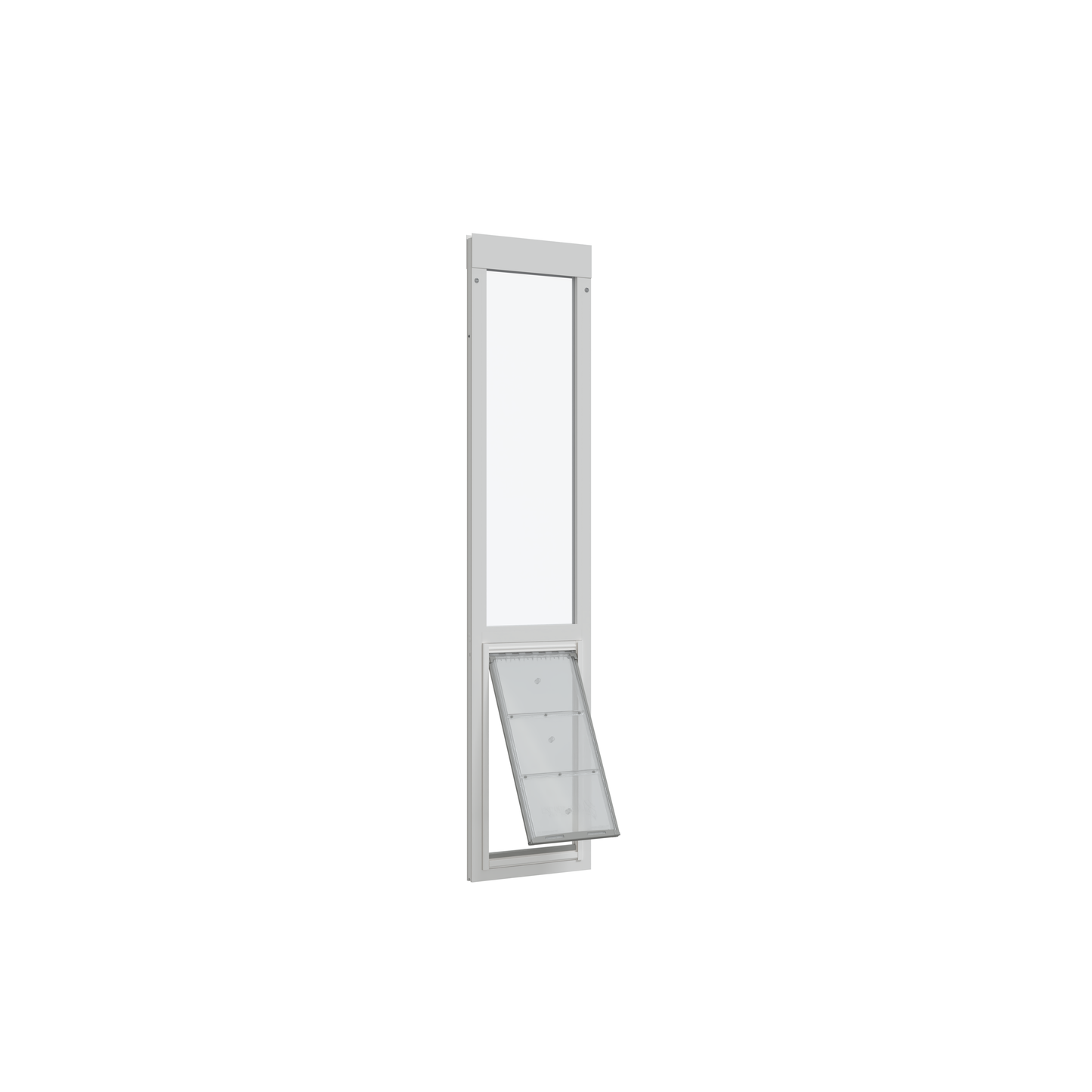 White frame with transparent top and partially open pet door.