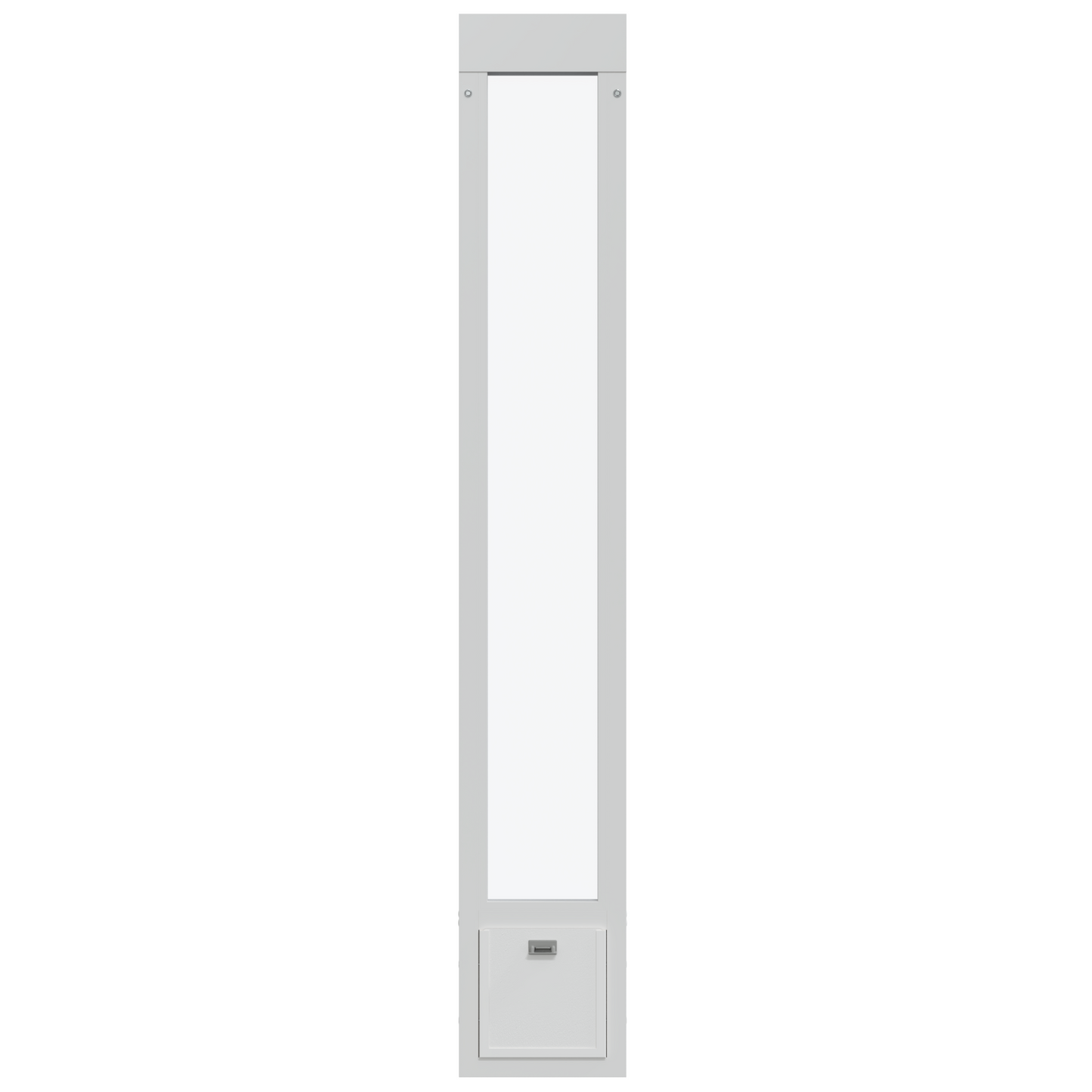 White cabinet with a rectangular glass insert.