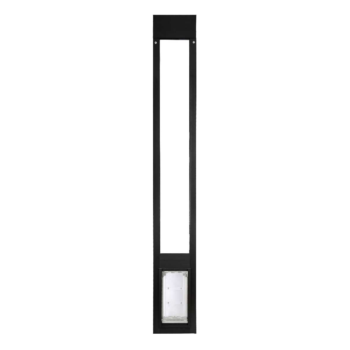 Black sliding glass door insert with a dog door at the bottom.