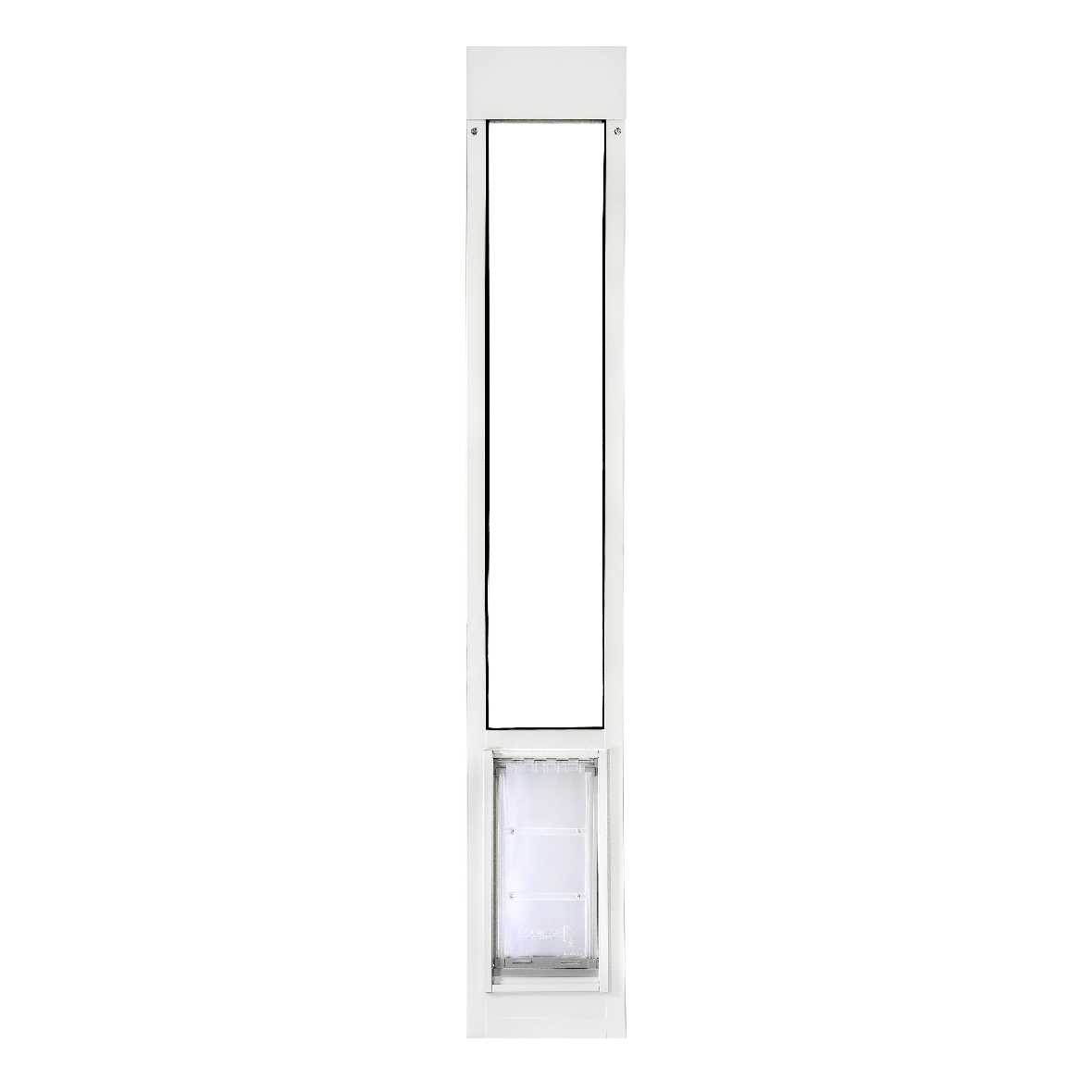White sliding glass door insert with a clear pet door at the bottom.