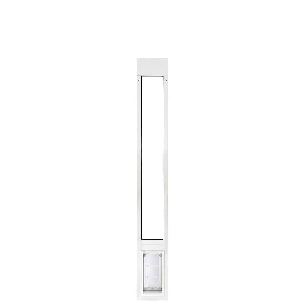 White-framed sliding glass door insert with a pet door.