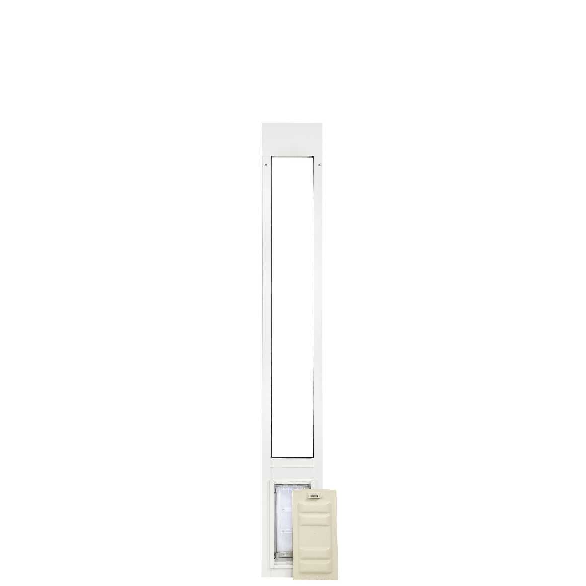 White sliding glass door insert with pet door and tan closing panel.