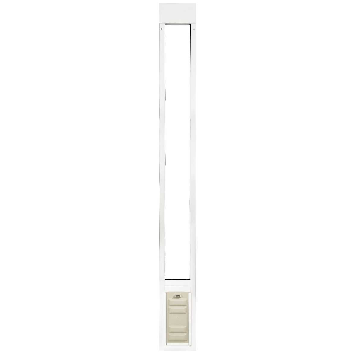 White door insert with a black frame and a tan pet door at the bottom.